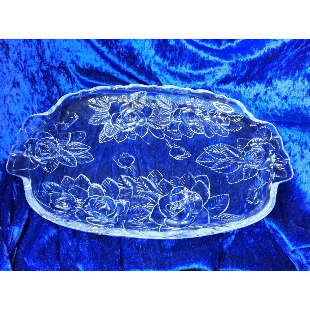 Vintage Soga Japan Mid Winter Glass Rose Plate | Heavy Duty Crystal Oblong Platt